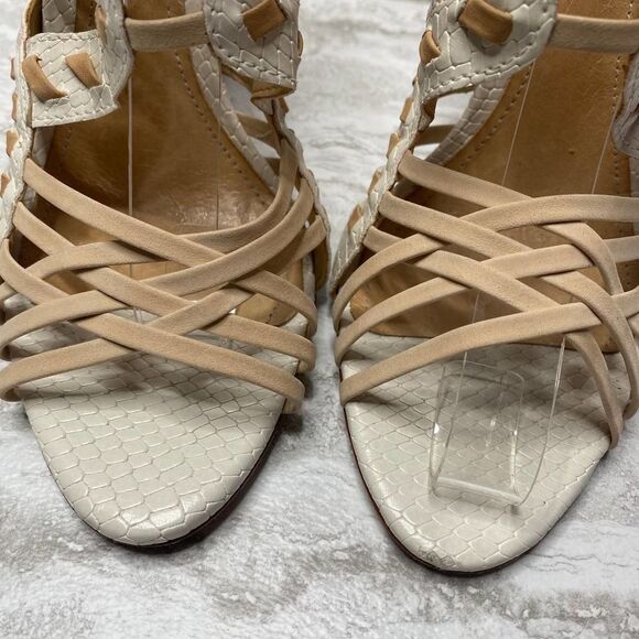 SCHUTZ Snake Print Caged High Heels Leather Sole White Tan Open Toe Ankle Strap - Picture 3 of 16